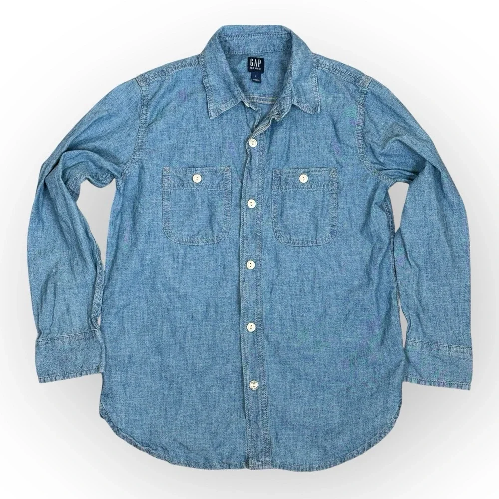 Gap Boys Denim Long Sleeve Button Up Shirt  Size Large 100% Cotton Light‎ Wash